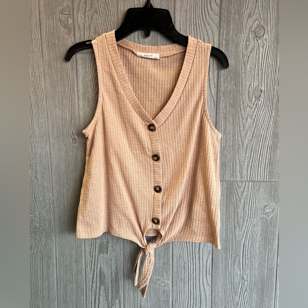 Waffle Knit Tank Top Womens XS Beige Button Front Tie Hem Sleeveless Summer